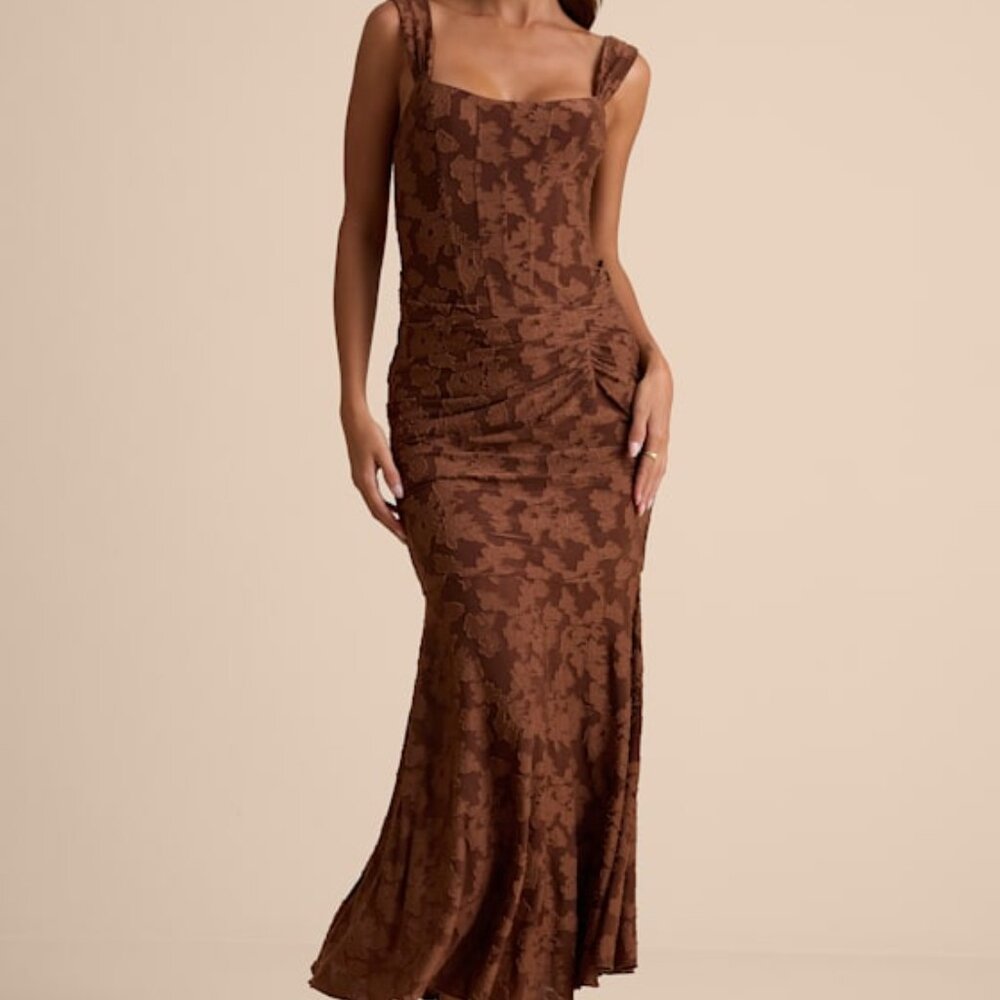 Lulus Celeste Brown Floral Burnout Bustier Maxi Dress - Size S